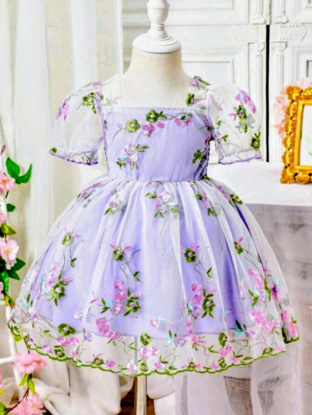 Lilac Floral Embroidered Tulle Party Dress
